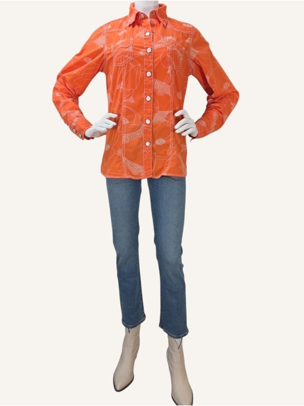 Cruel Girl M Orange White Floral Pearl Snap Western Rodeo Shirt EUC - Picture 3 of 12